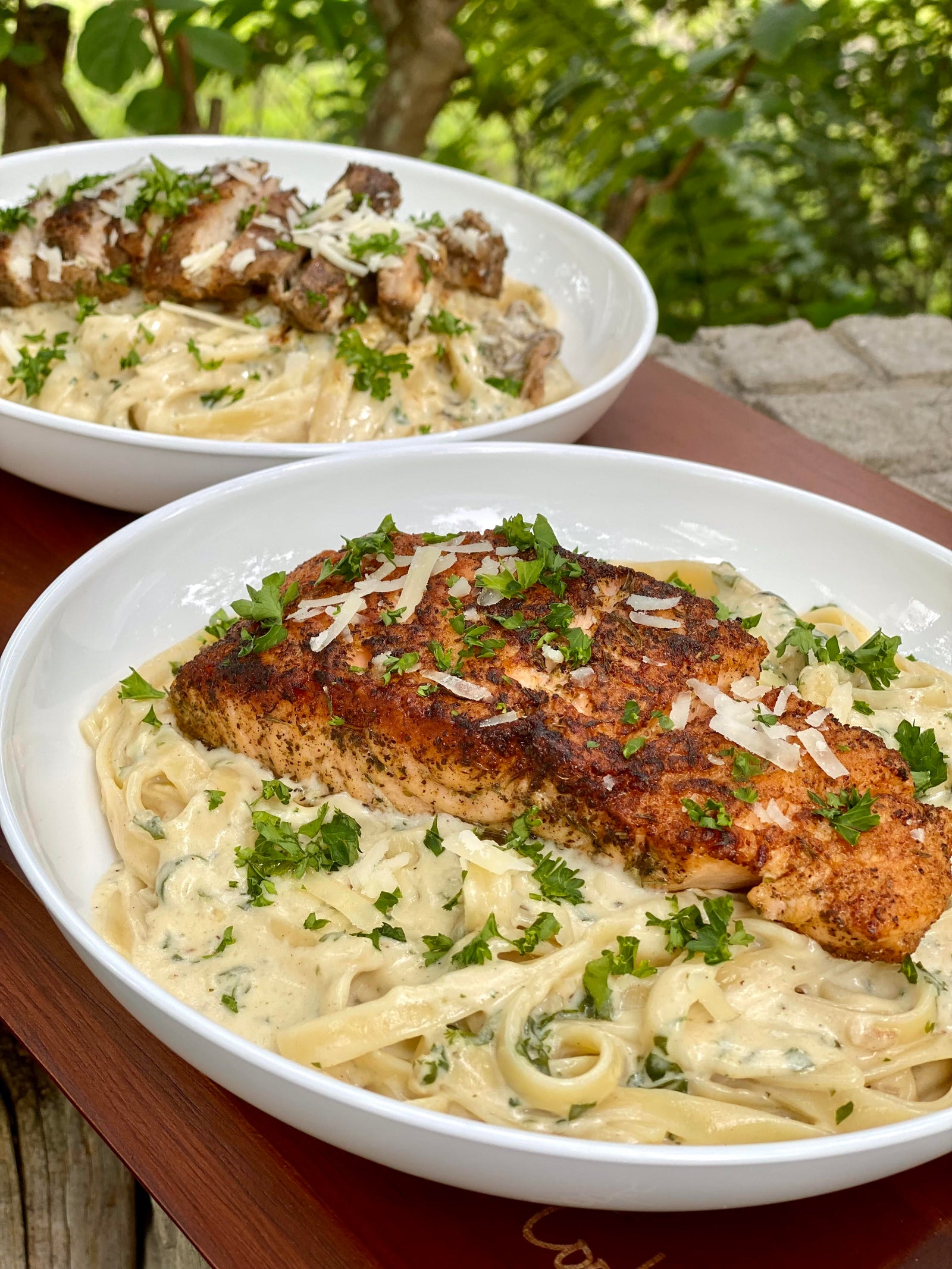 Pasta Alfredo with Cajun-OR-Jerk Salmon-OR-Chicken