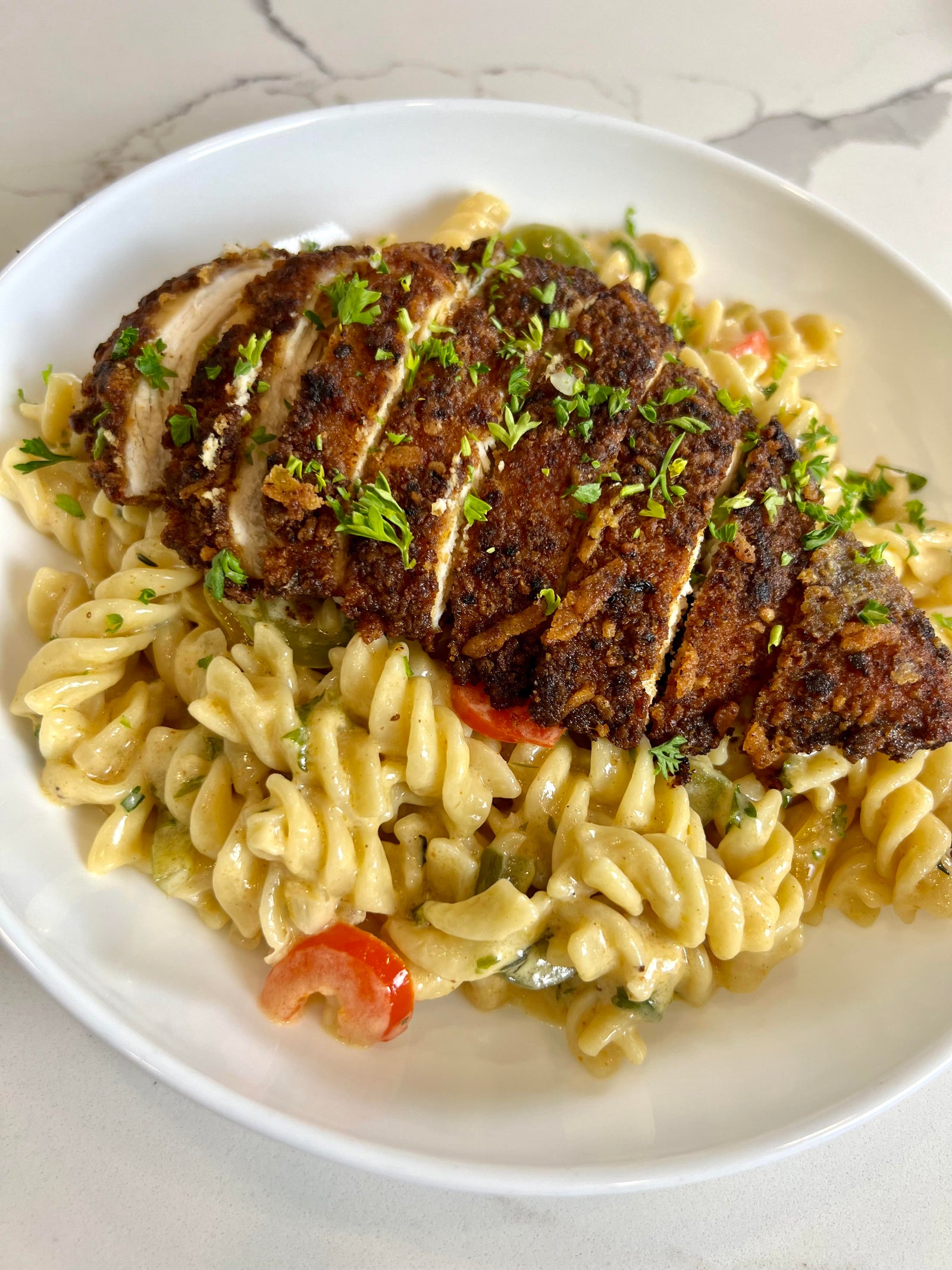 Rasta Pasta w/ Crispy Jerk-Seasoned Chicken