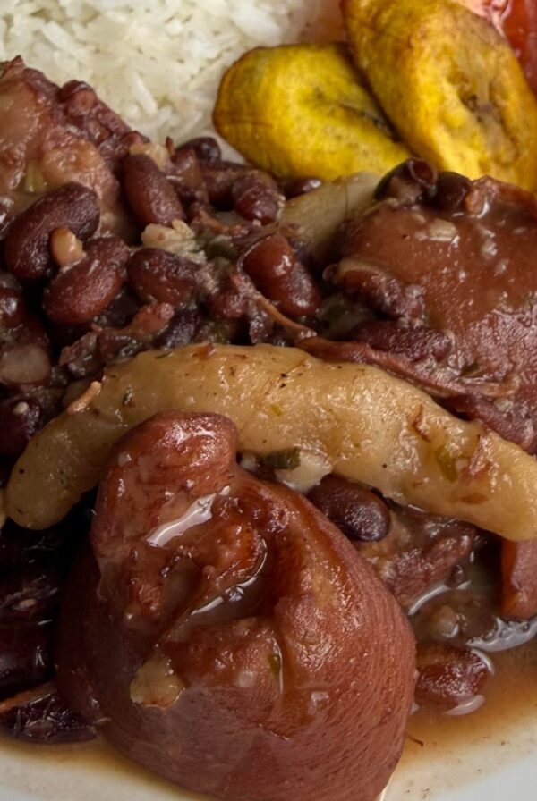 Close-up of Jamaican stew peas made with red beans, salted pigtail, and spinners in a rich broth.