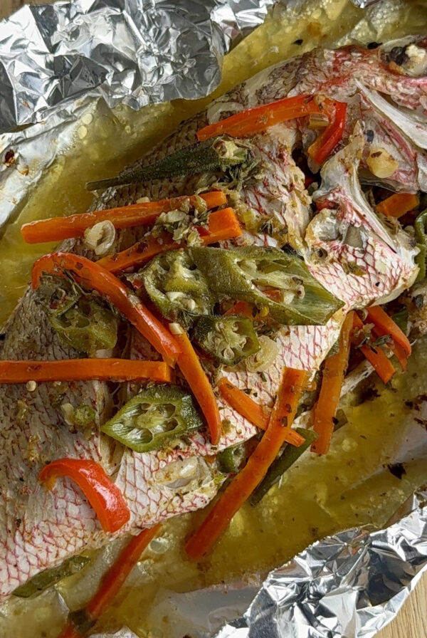 Jamaican Roast Fish with Okra