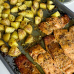 Honey garlic salmon, crispy roasted garlic potatoes, and tender broccoli come together on one sheet pan.