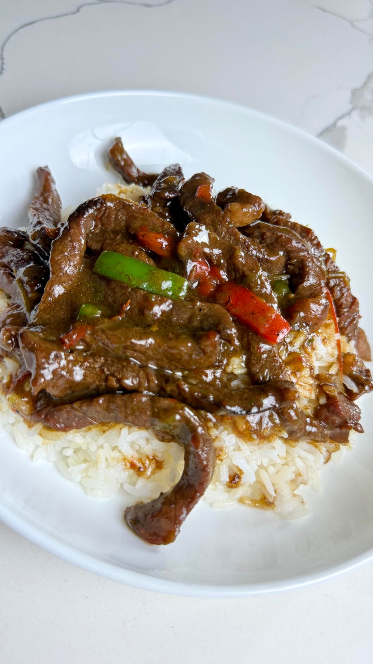 Jamaican-style pepper steak over rice.