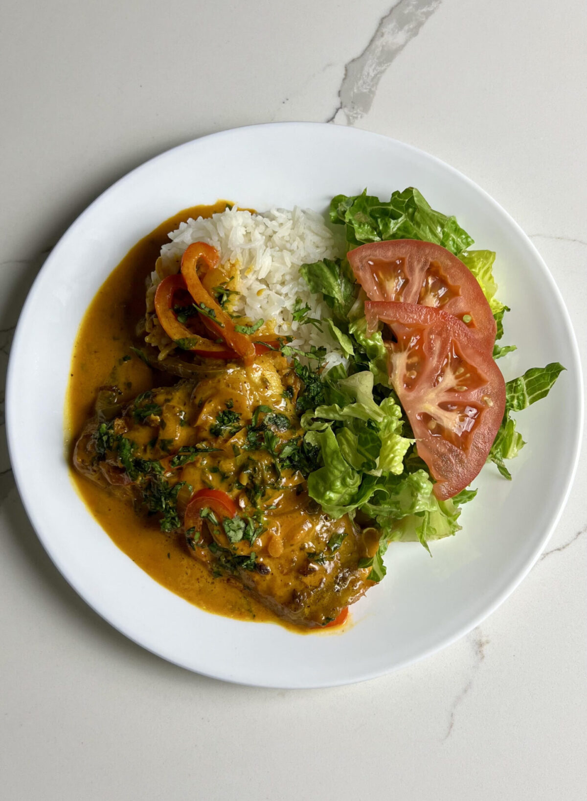 Fish in Coconut Sauce served with white rice and salad.